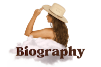 a woman in a cowboy hat with the word biography